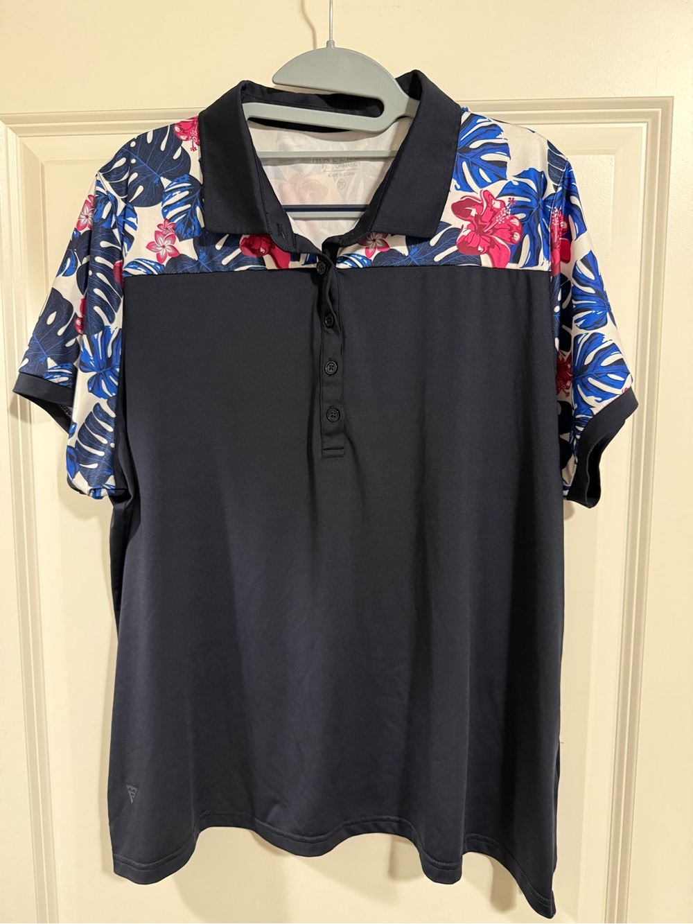 Women’s Navy Polo with Floral Palm Leaf Accent